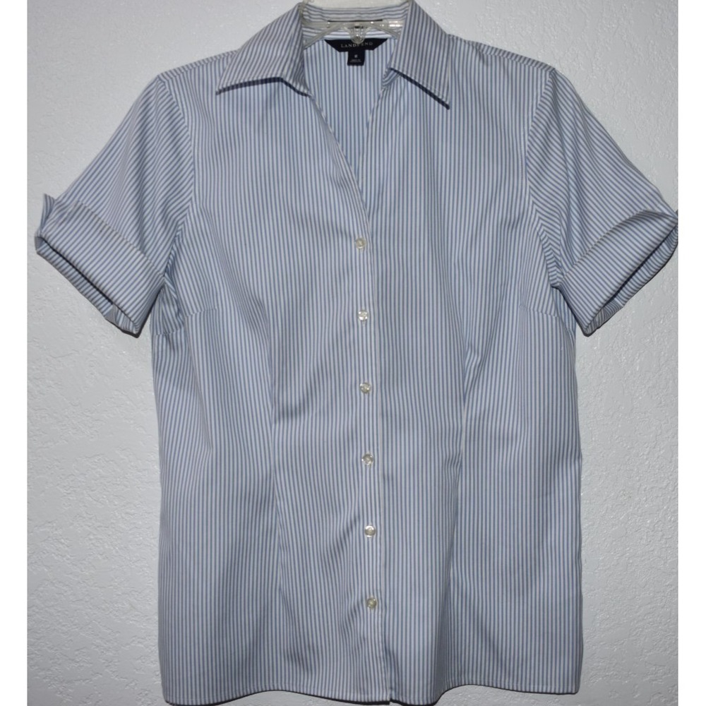 Lands' End 8 No-Iron PinPoint Oxford Shirt Blue Stripe Button Front Short Sleeve